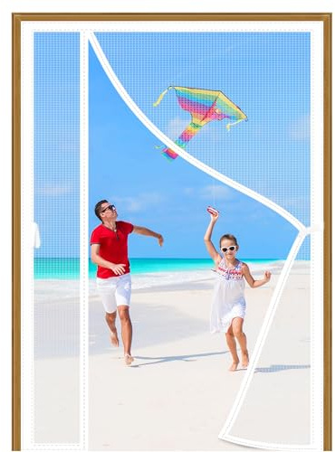 Moustiquaire Porte Fenetre Magnetique 225x200cm Blanc Rideaux Anti Mouche avec Bandes Magnétiques Sans Percer Kit d'installation Complet pour Porte d Entrée Intérieur/Patio