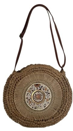 MODELISA - Bolso Bandolera De Hombro Redondo Rafia Paja Estilo Bohemio Mujer (Marrón)