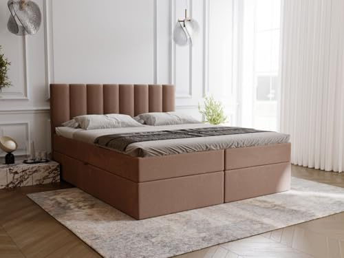 GRAINGOLD Mocca Bett 180x200, Boxspringbett mit Bettkasten, Polsterbett mit Bonell-Matratze, Samt Stoff, mit Topper, mit Kopfteil (Braun, 180x200)