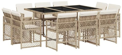 vidaXL Garten Essgruppe 11-TLG., Gartenmöbel Set mit Kissen, Gartengarnitur Tisch 10 Stühle, Sitzgruppe Sitzgarnitur, Beige Poly Rattan