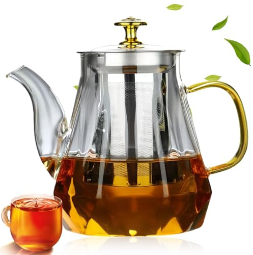 1L Théière en verre, Théière en Verre Transparente avec Bobine de Filtre en Acier Inoxydable Amovible, Theiere avec Infuseur pour Thé en Vrac, Tisane, Thé aux Fruits Teapot