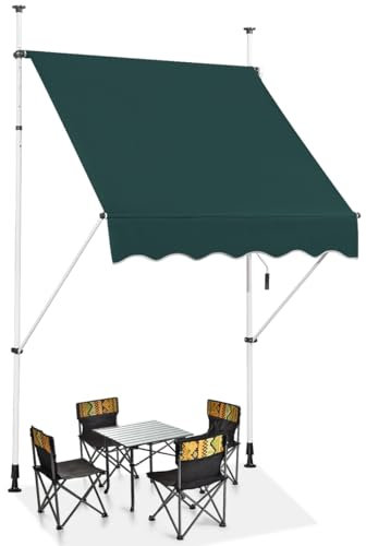 HOMASIS Klemmmarkise 150/200/250/300/350/400cm, höhenverstellbarer Sonnenschutz, Markise Balkon ohne Bohren, Balkonmarkise mit Handkurbel, UV-Schutz, Gelenkarmmarkise für Außenbereiche (Grün+1,5 m)
