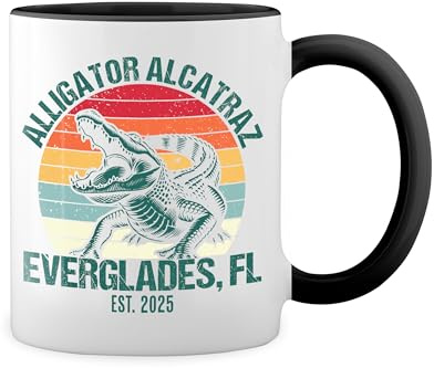 Retro Alligator Alcatraz Everglades Florida Weiße Tasse Mug mit schwarzen Felgen & Griff