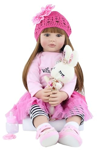 SYP Handgemachte Reborn Babypuppe 60cm - Realistisches Baby Mädchen aus Weichem Vinyl & Silikon mit Langer Haarpracht und Stoffkörper - Lebensechte Babypuppe für Mädchen zum Kuscheln, Sammlerstück