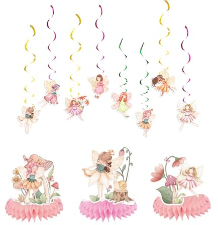 19 Stück Feen Dekorationen mit Hängende Wirbel & Bienenwabe Mittelstück, Muffin Deko Fee, Flower Fairy Cupcake Toppers, hängende Feen-Geburtstagsdekoration für Mädchen, Nachmittagsteeparty Party