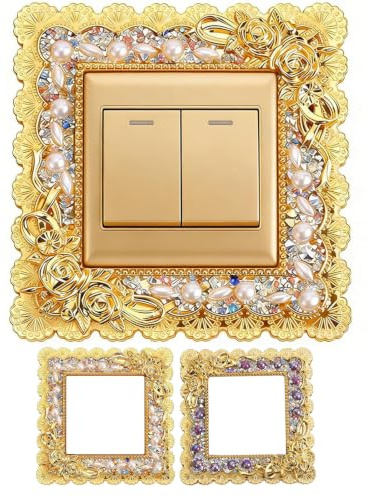 rexinwadfu 2 PCS Light Switch Stickers, 15x15cm Gold Light Switch Surround with Pearls Rhinestone Vintage Square PVC Lights Switches Cover Plate Socket Surround Sticker for Home Wall Decoration