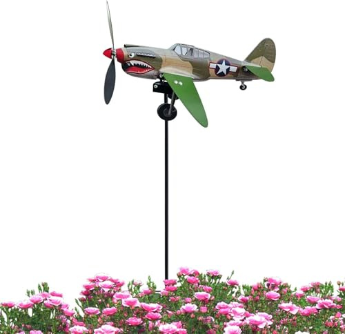 Qizeroty Moulin À Vent De Jardin Shark Mouth Fighter, Girouette 3D P-40 Fighter Jets, Avion De Moulin À Vent À Hélice Extérieure, Sculpture De Vents Extérieure, pour La Pelouse Jardin Cour Décoration