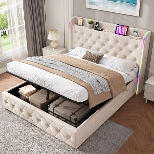 BTM 4ft6 Double Upholstered Ottoman Bed with LED Headboard and Charging Station, Storage Bed Frame, Linen Beige (No Mattress)