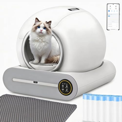 DillyRab Cat Litter Box Automatic 74L con 6 Rollos Bolsas Basura 2 Filters | Sistema Seguridad Avanzado, Desodorizante, Controlado por Aplicación con Alfombra Arenero Gato para Varios Gatos