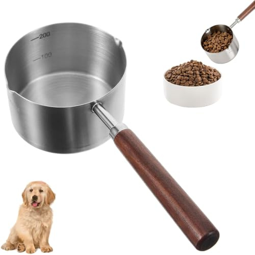 Dog Food Scoop, Dog Food Measuring Cup with Wooden Handle, 304 Stainless Steel Dog Food Measuring Cup with Measuring Lines (Cup/ML)