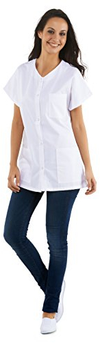 KODAMA Casaca Sanitaria Mujer Blanca de trabajo con cuello en V - Botones a Presión, Manga Corta 3 bolsillos. Uniforme medico Enfermera Hogar Estetica