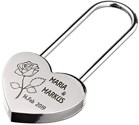 Herz Liebesschloss SILBER mit 2 Seitige Gravur - Personalisiertes Schloss - Geschenk für verliebte zum Valentinstag - Motiv eine Rose der Liebe