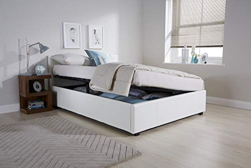 Home Source - Classic Faux Leather Side Lift 4FT6 Double Ottoman Storage Beds in White