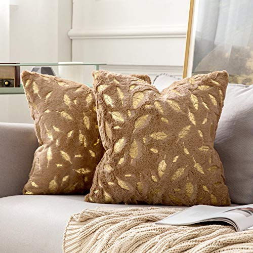 MIULEE 2er Set Kissenbezug Kuschelkissen Golden Feder Dekokissen Flauschig Kissenbezüge Kissenhülle Zierkissen Boho Sofakissen Deko Couchkissen Bezug für Sofa Wohnzimmer 45x45 cm Braun