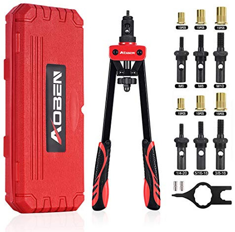AOBEN Herramienta de Tuerca de Remache de 14 Pulgadas, Kit Profesional de Ajuste de Tuercas de Remache Manual Que Ahorra Mano de Obra y diseño Compacto, Incluye 6 Mandriles Intercambiables, 90