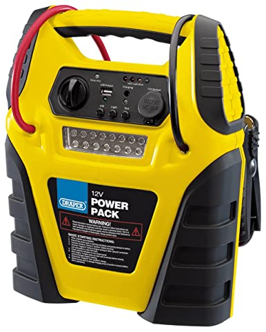 Draper 12v Jump Starter Power Pack 900A Max Current | 150psi Air Compressor|5v USB Charging Point |500mA DC Output | LED Worklight | Battery Voltage Indicator | Reverse Polarity Indicator | 90643