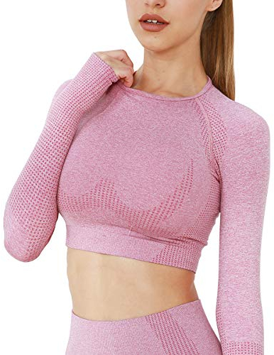 Yaavii Damen Sport Laufshirt Longsleeve T-Shirts Bauchfrei Langarm Crop Top Fitness Oberteile Rosa S