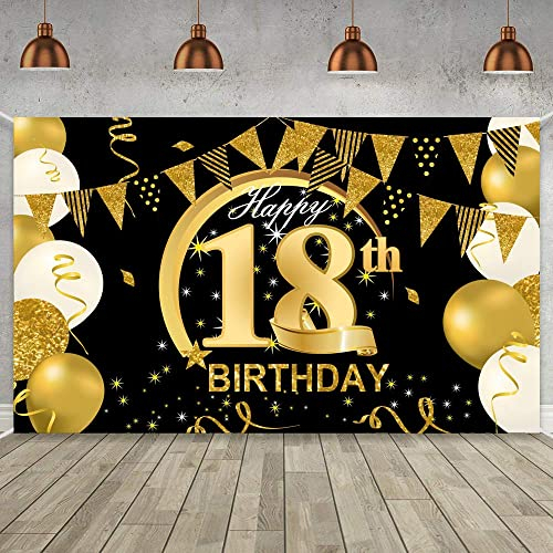 WIWJ 18 Geburtstag Party Dekoration - Geburtstag Hintergrund Banner Extra Große Schwarz Gold Dekoration für Männer Mädchen Geburtstag Sfeier Liefert Foto Prop Kuchen Tisch Banner (A 185x110)