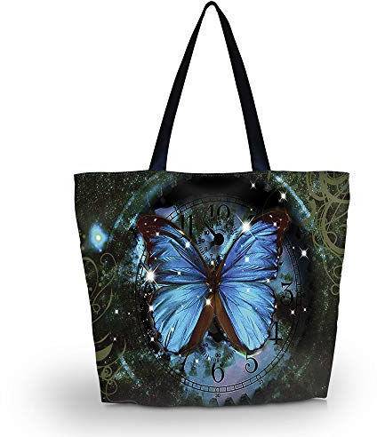 newplenty Strandtasche mit Reißverschluss, Einkaufstasche Faltbar, Große Wasserdichte Handtasche Damen Umhängetasche (Blauer Schmetterling)
