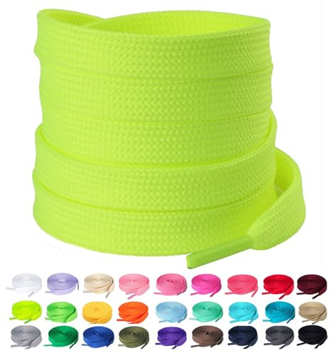 Olukssck Lacci Scarpe Piatti Colorati, [2 Paia] Stringhe Scarpe Resistenti Lacci da Ricambio per Scarpe Sportive, Scarponcini, per Adulti e Bambini - Larghezza 10 mm, Giallo Neon, 60cm