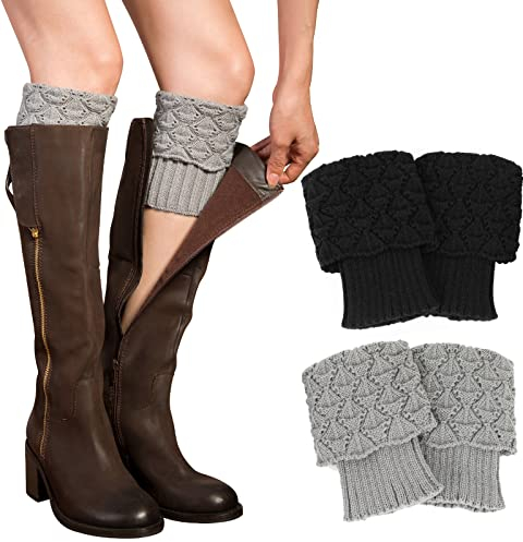 PHOGARY 2 Paare Stulpen Damen Winter Beinwärmer, Stricken Häkelarbeit Kurze Knopf Leg Warmers Mädchen Stiefel Boot Abdeckung für Winterwärmer (Schwarz + Grau)