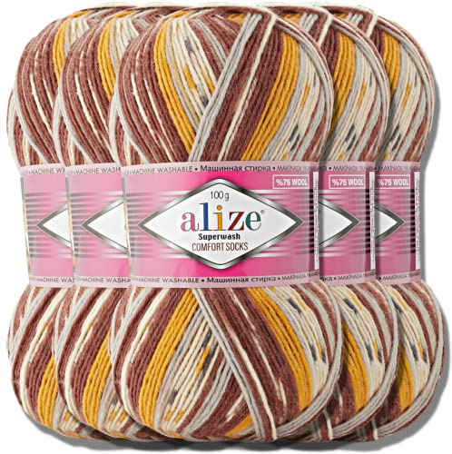 Alize 5x 100g Superwash Comfort Socks Türkische Premium Wolle 75% SW Wool - 25% Polyamide Uni Handstrickgarne Yarn Garn Strickgarn Babywolle Einfarbig Baby zum Häkeln Stricken (7652)