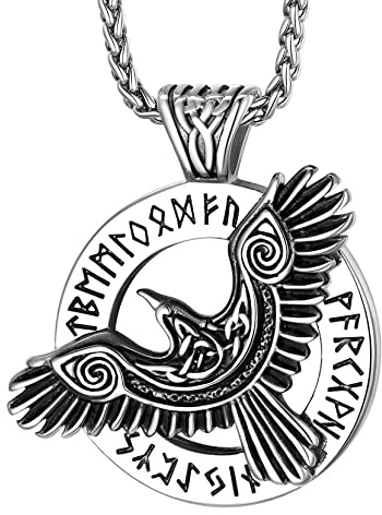 Richsteel Edelstahl Kräheschädel Kette mit Rune Symbol Wikinger Vogelschädel Halskette mit Geschenkebox für Weihnachten Geburtstag Vatertag