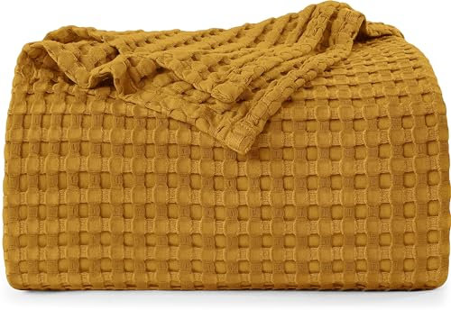 Utopia Bedding Baumwoll Waffeldecke 300 GSM (Senf - 228 x 182 cm), weiche, leichte, atmungsaktive Bettdecke für alle Jahreszeiten