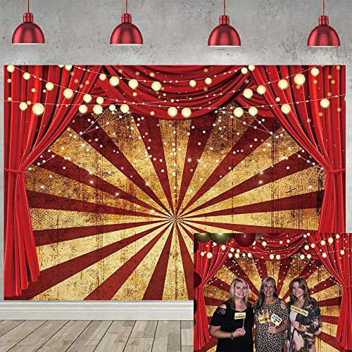Circo Dorato Glitter Sfondo Carnevale Tenda Rossa Scintilla Strisce Festa di Halloween Sfondo Bambini Adulto Compleanno Baby Shower Partito Torta Decorazioni Da Tavolo Banner 8x6 FT