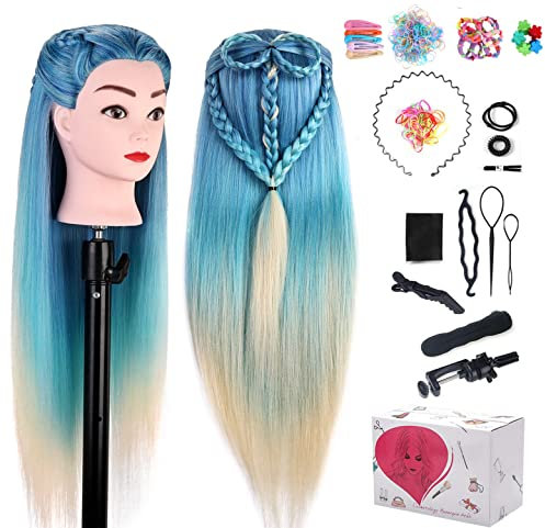 TopDirect Frisierkopf, 75cm/29.5 Zoll Puppenkopf zum Frisieren Langhaar, 100% Synthetische Haare Trainingskopf, Übungskopf Friseur mit Flechthilfe & Halterung, Hellblau + Beige