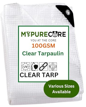 MYPURECORE Clear Waterproof Tarpaulin – Heavy Duty 100GSM Multi-Purpose Tarp – Ideal for Caravan, Garden, Car and Outdoor Protection – UV, Dust, Rain, Snow Resistant – Transparent Cover (4mx4m)