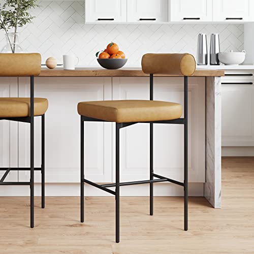 Nathan James Dahlia Thekenhocker, moderner Barhocker mit Rückenlehne, Metallbeine aus der Mitte des Jahrhunderts und gepolstertem Lederkissen für Küche, Insel und Bars, Braun/Schwarz
