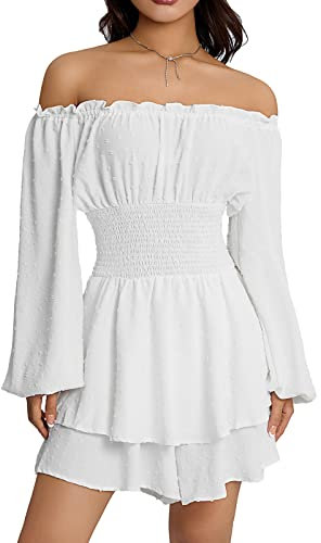 Loalirando Robe Femme à Volant avec Shorts Intégrés Mini Robe à Manches Longues Lanternes Epaules Dénudées Chic Elégante (Blanche, M)