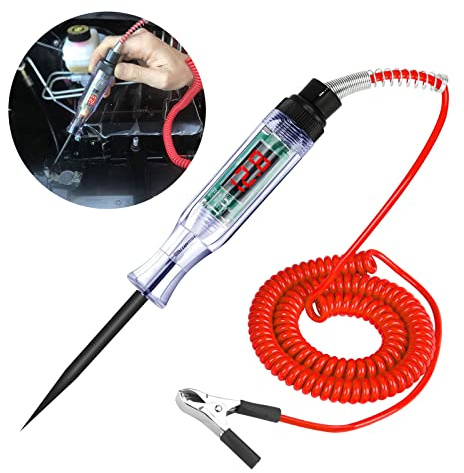 Lampada di Prova per Auto: Tester di Tensione Digitale LCD 3-24V, Circuito e Continuità, Con Filo a Molla per Fusibili, Interruttori, Cavi (Rosso)
