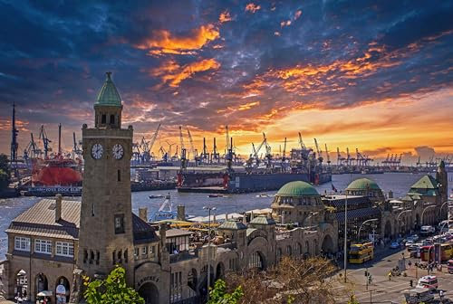 Fotografie Torsten Ackermann Leinwandbild - Fotomotiv: Blick auf die St. Pauli Landungsbrücken und den Hamburger Hafen - Fotos/Bilder/Wandbild/Souvenirs, Größen Name: 30 x 20 cm