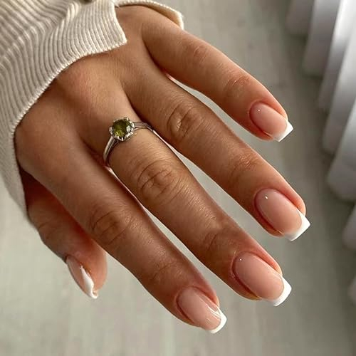 MouyouGlow Press on Nails Kurz,Square Nude Weiß French Fake Nails mit Nagelkleber,Natural White Tip Artificial Fingernails