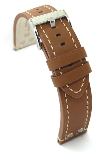 diloy Uhrenarmband aus Fliegerleder mit Stahlnieten, 18 mm, 20 mm, 22 mm, 24 mm, Ref. 381 Hellbraun 24mm