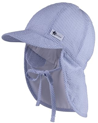 Sterntaler Schirmmütze mit Nackenschutz Streifen Seersucker, Bindeband für Jungen - Baby Mütze mit Ohrenklappen und UV -Schutz 50+ - Schirmmütze Baby mit Streifenoptik - himmelblau, 49
