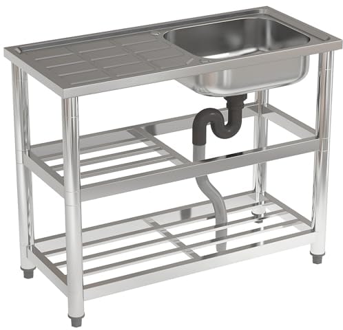 FIDOOVIVIA Commercial Restaurant Sink, Stainless Steel Kitchen With Double Storage Shelf, Single Bowl Catering With Drain & Tap Hole, Garage for Home 98x45x80cm (No Tap)