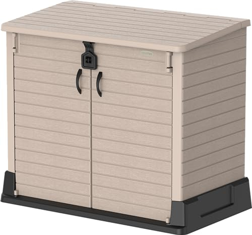 Duramax StoreAway 850L Plastic Garden Shed, Outdoor Storage Shed, Wheelie Bin Box, Wheelie Bin Hideaways, Durable Construction, Ideal for Tools, BBQs & 2X Garbage Bins, 130x74x110 cm, Warm Taupe