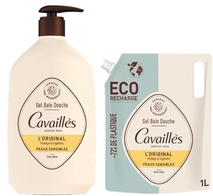 ROGÉ CAVAILLÈS | Gel bain douche - L'Original | Nourrit & Protège la peau | Nettoie en douceur | Peaux sensibles | Sans savon | 100% plastique recyclé | Pack : Gel bain douche 1L + éco-recharge 1L