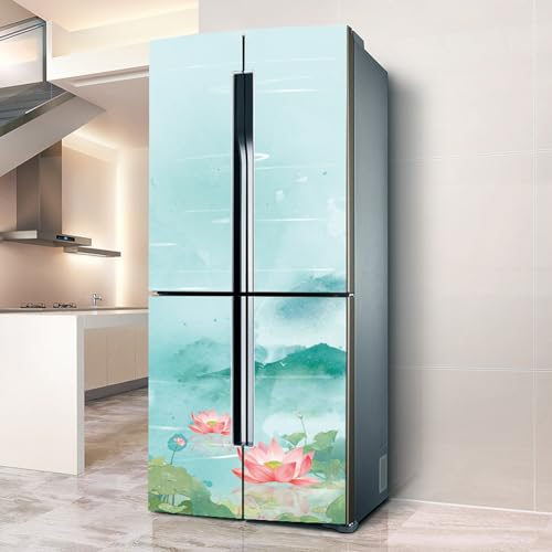 Fridge Wraps Kitchen Fridge Stickers Cover Full Doors, Fridge Sticker Full Covering Door Fridge Covers Skins Wall Stickers for Kitchen Decal, Pink Lotus Mountain Landscape