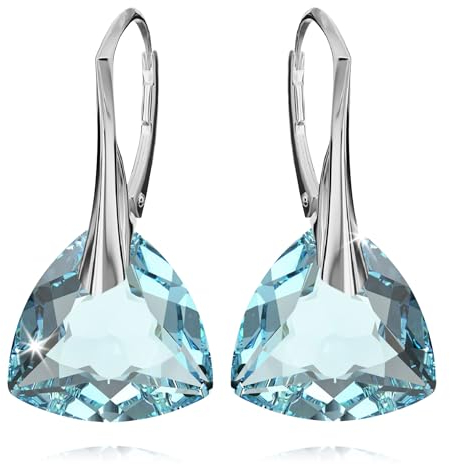 Ohrringe Silber 925 Hängend für Damen Ohrhänger Hängeohrringe mit Triangel Kristallen Dreieck Stein 12 Geburtsstein Schmuck für Sie Ohrringe Mädchen Geschenk Muttertag (02-Februar - Aquamarine)