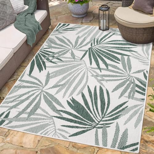 carpet city Outdoor Teppich Wetterfest 160x230 cm - Creme-Grün - Wendeteppich, Beidseitiges Florales Muster - Balkonteppich Wasserfest Outdoor - Terrassenteppich