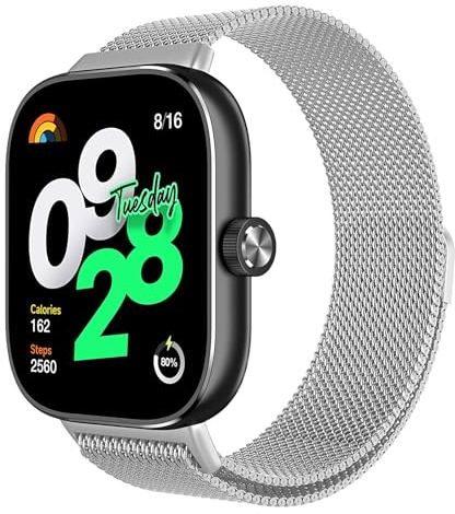 Astorgos Bracelet en Métal Compatible avec Redmi Watch 5/Redmi Watch 4/Xiaomi Smart Band 9 Pro/8 Pro, Bracelet Magnétique en Maillé Milanais en Acier Inoxydable pour Femmes Hommes, Argent