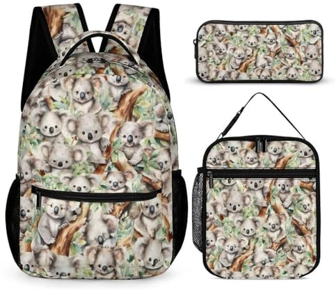 Homieblanket Koala-Rucksack mit Lunchbox und Federmäppchen, 40,6 cm, niedliches Koala-Motiv, Büchertasche, verstellbar, leicht, großes Fassungsvermögen, buntes Koala-Rucksack-Set für Kinder, Mädchen,