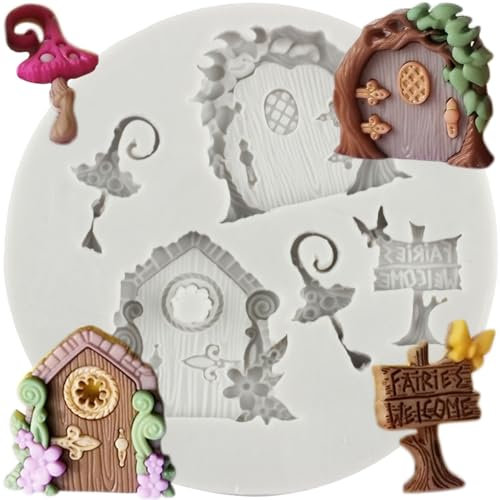 MINFEIDMS Enchanted Vintage Fairy Garden Fairy Gnome Home Door Silicone Chocolate Fondant Moulds for Sugar Cake Decorating Cupcake Topper Gum Paste Candy Polymer Clay