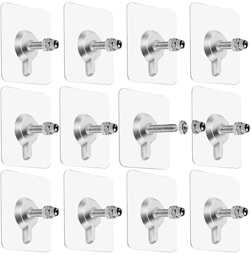 STQDEU 12 tornillos adhesivos resistentes y clavos, hasta 30 kg, fijación de pared sin agujeros, tornillos fuertes sin taladrar, para baño y cocina, ganchos transparentes