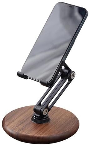 xjwoodsmart Support Téléphone Réglable, Support Téléphone Bureau Pliable avec Rotation 360°, Compatible avec iPhone 17/16/15/14/ Pro Max Samsung Galaxy Huawei et Tous Les Smartphones, Bois de Noyer