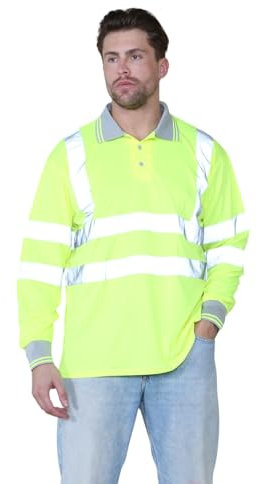 Grunge Wear® Hi Visibility Long Sleeve Polo T-Shirts, Men's Hi Viz Reflective Tape Safety Security Work Breathable Lightweight Workwear Shirts Tee Tops (Yellow, XL)